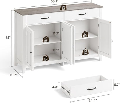 Gizoon 55" Buffet Cabinet, Sideboard Buffet Cabinet with Storage, Modern Coffee Bar with 2 Drawers and 4 Doors, Kitchen Pantry Storage, Wood Kitchen Sideboard Table, Adjustable Shelf, White/Grey