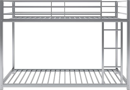 Twin Over Twin Metal Bunk Bed with Full-Length Guardrail,Low Bed Frame W/Ladder, Steel,No Noise,Bedroom Furniture for Adult Kid Boy Girl Teen,Silver