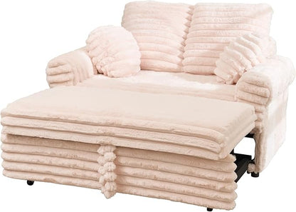 Belffin Upholstered Chaise Lounge Pull Out Sofa Bed with Pillows Couch Bed Sofa Pull Out Couch Sleeper Chair with Rolled Armrests for Living Room Plush Corduroy (Pink)