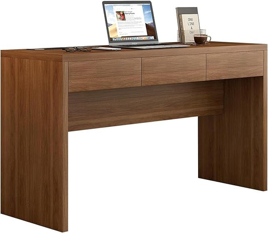 Executive Desk with Drawers, Computer Desk with Drawers with Pre-Embedded Slots, 55 inch Modern Walnut Home Office Desk with Charging Station for Study, Living Room, Bedroom