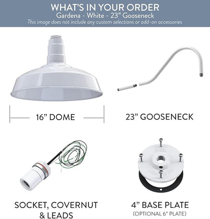 Steel Lighting Co. Gardena Barn Light | Outdoor Wall Mounted | 16" Dome | 23" Gooseneck | Farmhouse Light Made in America | White Exterior/White Interior