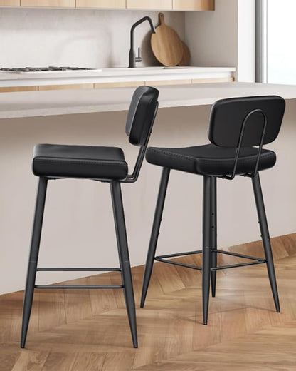Tall Bar Stools Set of 2, 30 Inch High Counter Height Barstools with Padded Back Support, Faux Leather Bar Chairs, Metal Legs, for Kitchen Island, Black