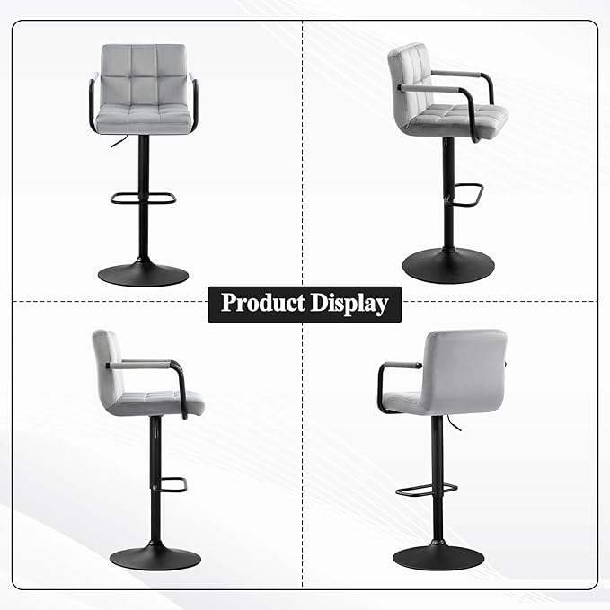 Furniliving Swivel Bar Stools Set of 4, Adjustable Kitchen Counter Height BarStools with Arms, Velvet Upholstered Bar Chair with Back and Footrest for Dining Room, Kitchen, Pub, Bar (Grey)