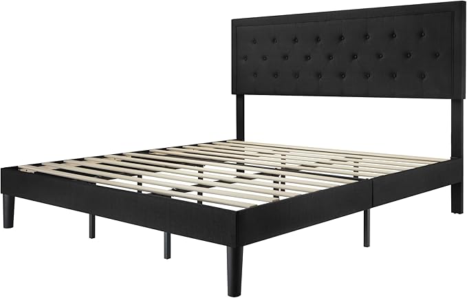 Allewie King Size Upholstered Platform Bed Frame with Adjustable Headboard, Button Tufted, Wood Slat Support, Easy Assembly, Black