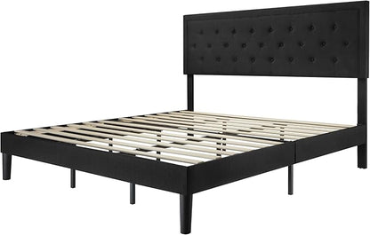 Allewie King Size Upholstered Platform Bed Frame with Adjustable Headboard, Button Tufted, Wood Slat Support, Easy Assembly, Black