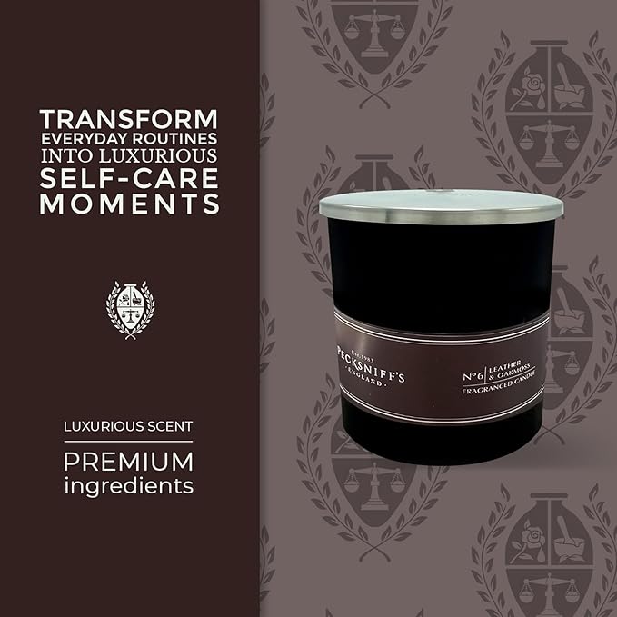 Pecksniffs Black Leather & Oakmoss Scented Candle | 1 Wick, 184g/6.49oz