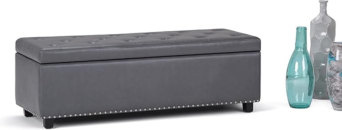 SIMPLIHOME Hamilton 48 inch Wide Transitional Rectangle Storage Ottoman in Stone Grey Vegan Faux Leather, Assembled, For the Living Room, Entryway and Family Room