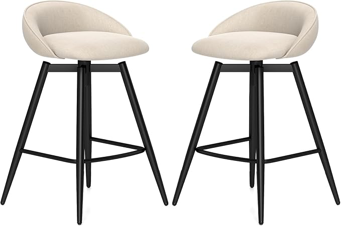 COSTWAY Bar Stools Set of 2, 25" Upholstered Counter Height 360° Swivel Bar Stools w/Backrest & Footrest, Heavy-Duty Metal Frame Armless Breakfast Chairs for Kitchen, Living Room (Set of 2,Beige)