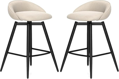 COSTWAY Bar Stools Set of 2, 25" Upholstered Counter Height 360° Swivel Bar Stools w/Backrest & Footrest, Heavy-Duty Metal Frame Armless Breakfast Chairs for Kitchen, Living Room (Set of 2,Beige)