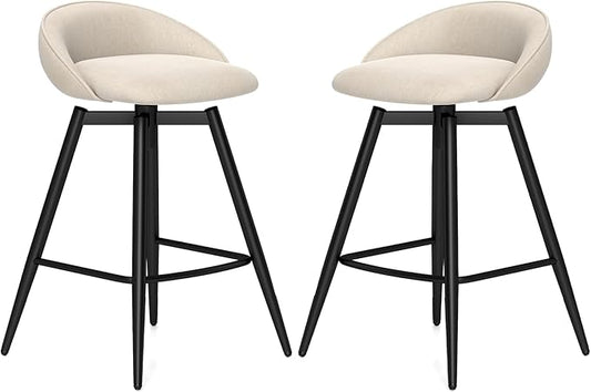 COSTWAY Bar Stools Set of 2, 25" Upholstered Counter Height 360° Swivel Bar Stools w/Backrest & Footrest, Heavy-Duty Metal Frame Armless Breakfast Chairs for Kitchen, Living Room (Set of 2,Beige)