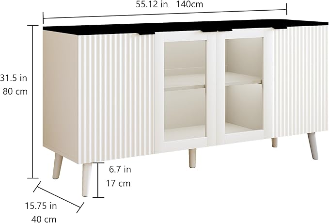 JASIWAY Buffet Cabinet with Storage 55" Fluted Sideboard with Glass Door Modern Coffee Bar Table Accent Credenza Cabinet for Dining Room, Kitchen, Living Room, Hallway, White and Black