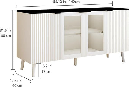 JASIWAY Buffet Cabinet with Storage 55" Fluted Sideboard with Glass Door Modern Coffee Bar Table Accent Credenza Cabinet for Dining Room, Kitchen, Living Room, Hallway, White and Black