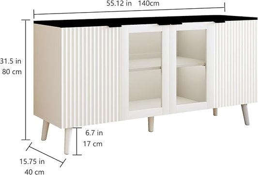 JASIWAY Buffet Cabinet with Storage 55" Fluted Sideboard with Glass Door Modern Coffee Bar Table Accent Credenza Cabinet for Dining Room, Kitchen, Living Room, Hallway, White and Black