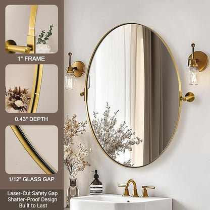 ANDY STAR Gold Bathroom Mirror, 22" x 34" Tilting Vanity Oval Mirror for Wall, Brushed Gold Stainless Steel Metal Frame Pivot Mirror Hangs Vertically Wall-Mounted