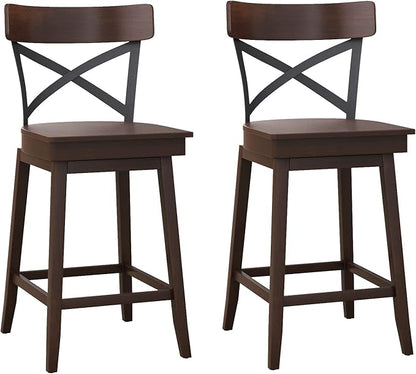 COSTWAY Swivel Bar Stool Set of 2, 24 Inch Ergonomic Counter Height Chairs with Open X Back & Footrest, 2PCS Vintage Wooden Barstools for Kitchen Island, Pub, Bistro, Café, Brown (2, 24 inch)