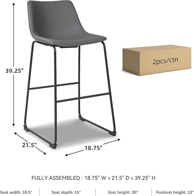 Signature Design by Ashley Centiar Modern Faux Leather 29" Pub Height Bar Stool, Set of 2, Gray
