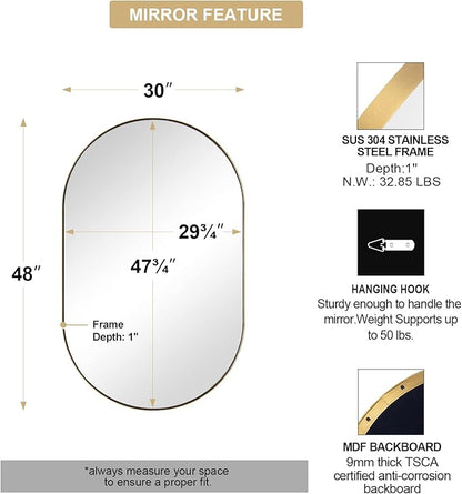 ANDY STAR Brushed Gold Bathroom Mirror, 48 x 30 Inch Oval Vanity Mirror, Brushed Brass Mirror for Wall in Stainless Steel Metal Frame 1’’ Deep Wall Mounted Horizontal/Vertical