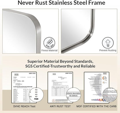 ANDY STAR 30”x40”Brushed Nickel Mirror for Bathroom, Rounded Rectangle Bathroom Mirror, Modern Metal Mirror in Premium Stainless Steel Frame, 1”Deep Set Design Hangs Horizontal Or Vertical