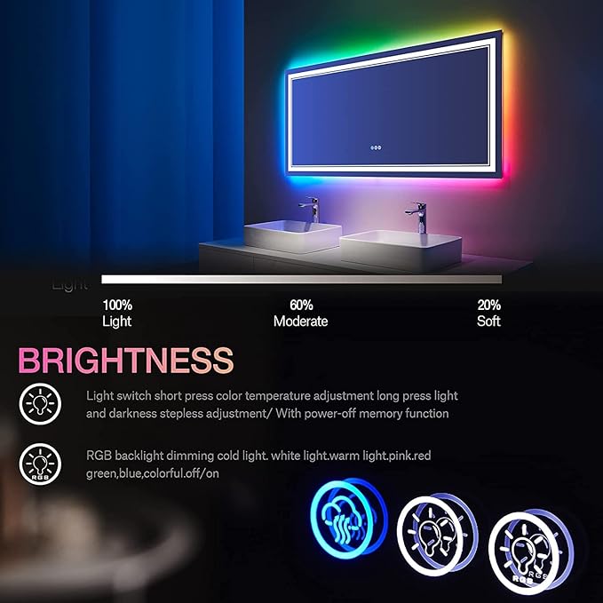 88x38 Inch RGB LED Bathroom Mirror with Lights, Color Changing RGB Backlit LED Mirror for Bathroom,Lighted Vanity Mirrors for Bathroom Wall, Dimmable, Anti-Fog (RGB Backlit+Front-Lit)
