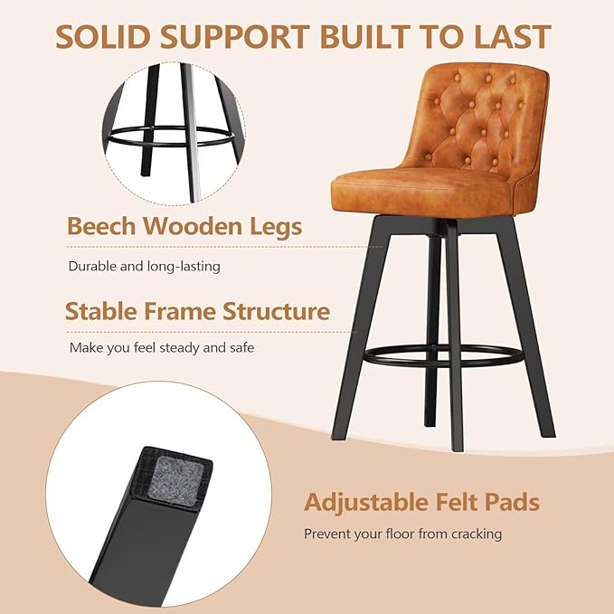 MINCETA Bar Stool, PU Leather Barstool, 30 Inch Upholstered Counter Stool with Low Tufted Back and Footrest, Swivel Counter Height Barstool for Kitchen Island Home Bar Brown