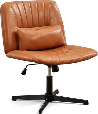 URRED Criss Cross Office Chair, Armless Cross-Legged Desk Chair with Fixed Legs, Height Adjustable Wide Seat Task Vanity Chair for Home Office or Bedroom (Brown)