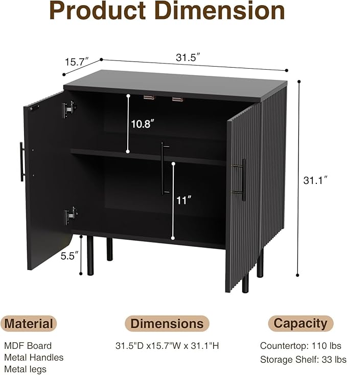 Modern Fluted Black Storage Cabinet with 2 Doors, Adjustable Shelves, and Metal Legs, Accent Buffet Sideboard for Living Room, Dining Room, Entryway (Black)