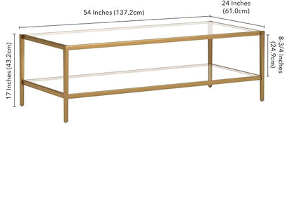 Henn&Hart 54" Wide Rectangular Coffee Table with Glass Shelf in Antique Brass, Modern coffee tables for living room, studio apartment essentials