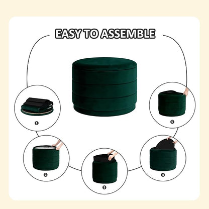 PINPLUS Large Round Velvet Storage Ottoman, Bottle Green Upholstered Footstool with Hidden Storage, Sturdy Coffee Table Ottoman for Living Room & Bedroom