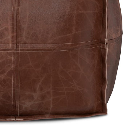 SIMPLIHOME Sheffield Boho Square Pouf in Distressed Brown Leather for the Living Room, Bedroom and Kids Room