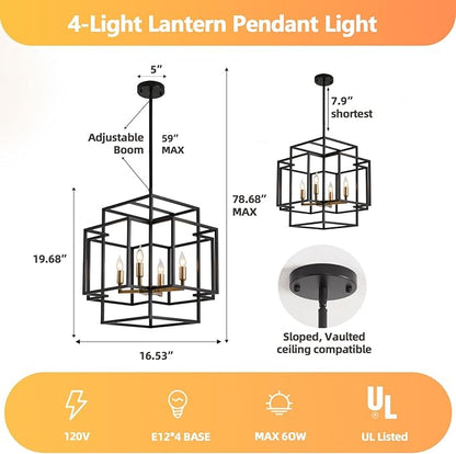 WJShome High Ceiling Foyer Chandelier: 4-Light Farmhouse Lantern Chandeliers for Entryway Industrial Large Pendant Light Fixtures for Entry Staircase Hallway Dining Room Kitchen Island, Black & Gold