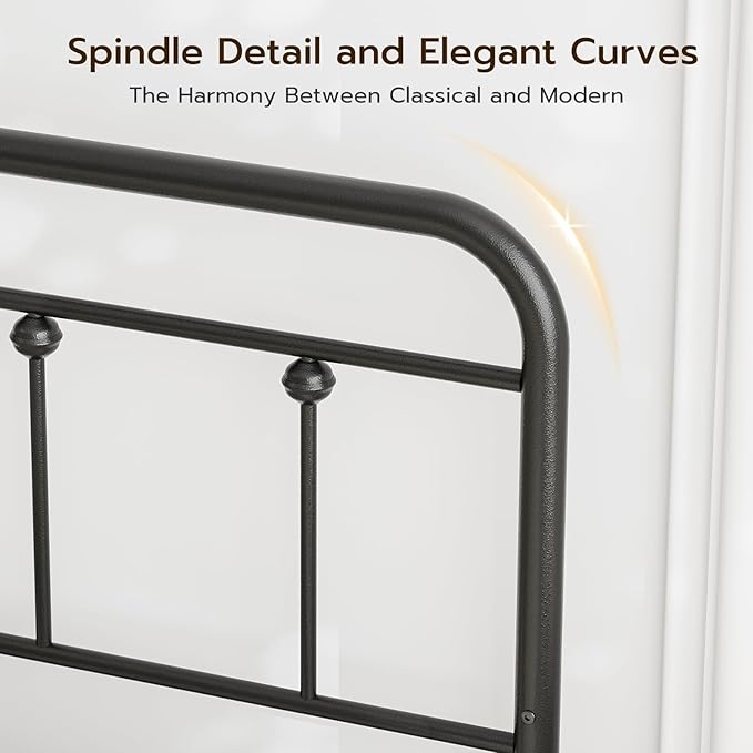 Full Size Headboard with Black Metal Construction, Adjustable Height, Spindle Detail and Elegant Curves Design, Farmhouse and Vintage Style,Steel Headboard Only for Bedroom
