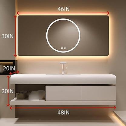 48IN Bathroom Vanity with Sink - Bathroom Cabinet Set has 2 Drawers & Overflow Hole Wall Mounted | LED Practical Defogging Mirror, Open Compartments, Seamless Rock Slab Basin (Cream White)