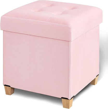 17.7" Ottoman with Storage, Square Storage Ottoman for Dorm, Velvet Ottomans with Legs for Living Room, Bedroom, Pink