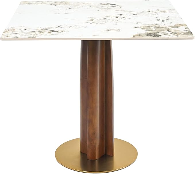 Sintered Stone Square Office Table - Meeting Desk for Small Offices (Walnut‌ Leg and Pandora Top, 1 Table Only)