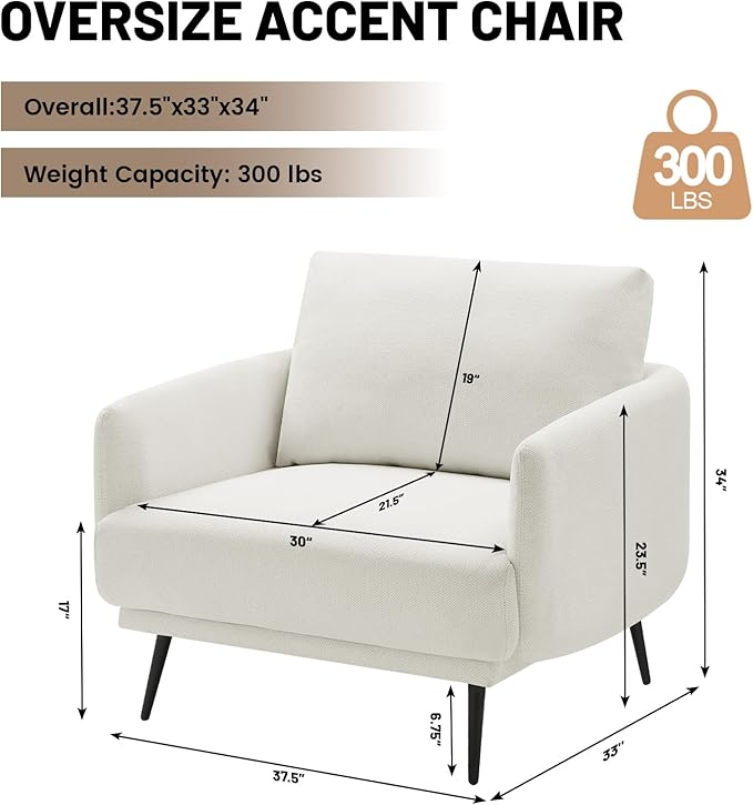 Oversized Accent Chair for Living Room Chairs Reading Arm Chair Comfy Modern Single Sofa Side Chairs with Metal Legs & Soft Cushion for Bedroom, Waiting Room (Polyster Pearl White, Set of 2)