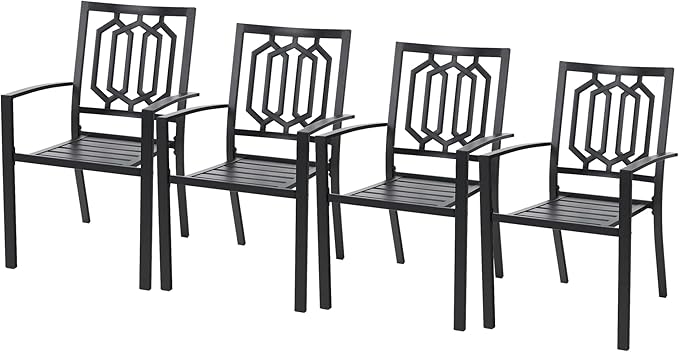 PHI VILLA Metal Outdoor Dining Chairs Set of 4 - Stackable Black Patio Chairs, 300lb Capacity (Geometry)