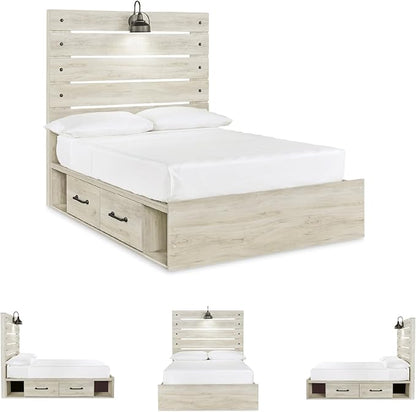 Signature Design by Ashley Cambeck Farmhouse Full Panel Platform Bed with 4 Storage Drawers, Sconce Light and USB Ports, Foundation or Box Spring Not Needed, Whitewash