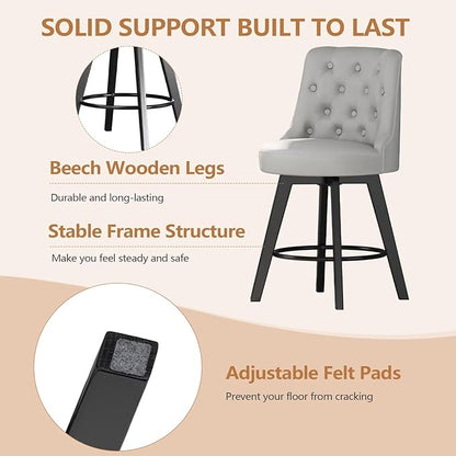 MINCETA Set of 4 Upholstered Bar Stools - 26 Inch Swivel Counter Height Stools with Low Tufted Back, Footrest & Performance Fabric - Round Seat for Kitchen Island & Home Bar Light Gray