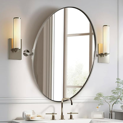 ANDY STAR Brushed Nickel Bathroom Mirror, 24 x 32 Inch Oval Pivot Mirror for Wall, Unique Farmhouse Tilt Mirror in Slim Silver Stainless Steel Metal Frame for Bedroom, Powder Room