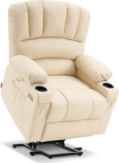 MCombo Power Lift Recliner Chair for Elderly, Lift Chair with Heat and Massage, USB &Type C Ports, Cup Holders, Faux Leather 7095 (Medium, Cream White)