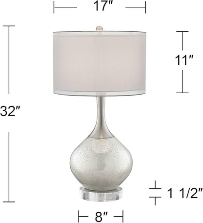 Possini Euro Design Swift Modern Table Lamp 32" Tall with USB Dimmer Round Riser Mercury Glass Chrome Neck Double Drum Shade for Bedroom Living Room House Bedside Nightstand Office Entryway Family