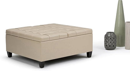 SIMPLIHOME Harrison Coffee Table Storage Ottoman - 36 inch Wide Upholstered Vegan Leather Square Lift-Top Ottoman in Satin Cream, Transitional Ottoman for Living Room with Hidden Storage