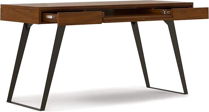 SIMPLIHOME Lowry Desk - 54-Inch Wide Solid Walnut Veneer and Metal Writing Desk, Modern Industrial Home Office Computer Table for Workspace with 2 Drawers and Flip-Down Keyboard Tray