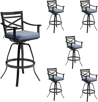 Pellebant Set of 6 Outdoor Bar Stools 30", Aluminum Swivel Patio Bar Height Bar Stools with Back & Footrest, for Deck Lawn Garden(Spectrum Denim)