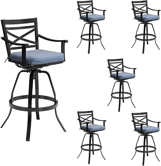 Pellebant Set of 6 Outdoor Bar Stools 30", Aluminum Swivel Patio Bar Height Bar Stools with Back & Footrest, for Deck Lawn Garden(Spectrum Denim)