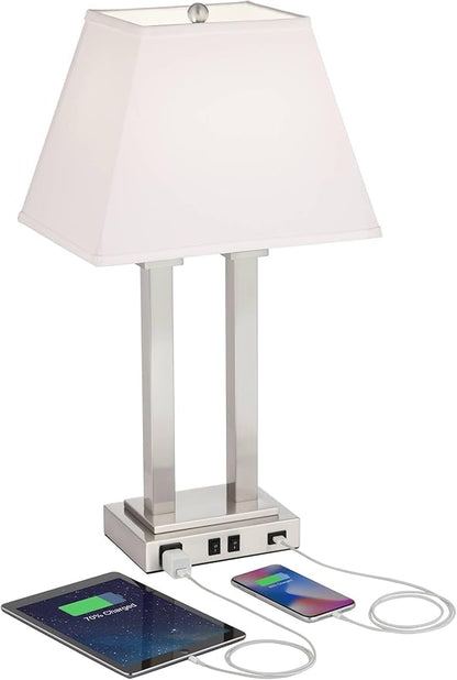 Possini Euro Design Amity Modern Table Lamp 26" High with USB and AC Power Outlet in Base Brushed Nickel White Linen Hardback Shade for Bedroom Living Room House Home Desk Bedside Nightstand Office