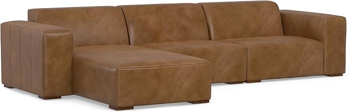 SIMPLIHOME Rex Left-Facing Modular Sectional Sofa in Full-Grain Genuine Leather, Caramel Brown, 122-inches Wide, Handcrafted Modern-Style 4-Seater L-Shaped Leather Couch with Left Chaise
