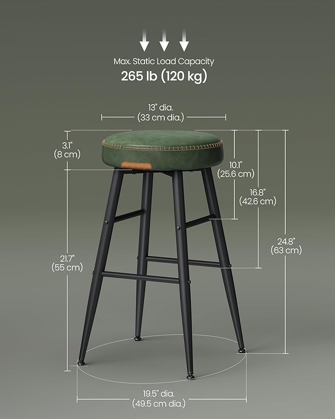 VASAGLE EKHO Collection - Bar Stools Set of 2, Counter Height Bar Stools, Kitchen Counter Stools, Mid-Century Modern Backless Counter Stools, 24.8-Inch Tall, Kitchen Island Home Bar, Forest Green