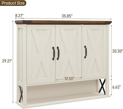 Bathroom Wall Cabinet, Farmhouse Medicine Cabinet with Adjustable Wood Shelf & 3 Doors, Over The Toilet Storage Cabinet for Wall Mounted for Bathroom Laundry Room Kitchen, White and Brown