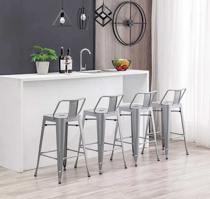 HAOBO Home 26" Low Back Metal Counter Stool Height Bar Stools [Set of 4] Barstools, Silver